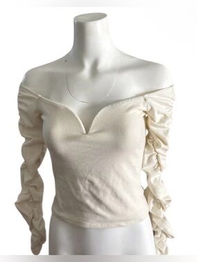 Reformation Aloura Knit Scrunch Top Ivory Long Sleeve Size S Made In USA